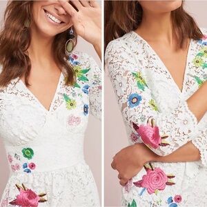 Tracy Reese for Anthropologie White Lace Dress with Floral Embroidery